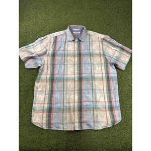Tommy Bahama Mens XL Button-Up Hawaiian Floral Plaid Reverse Print Short Sleeve